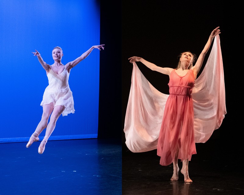 Two pictures of Sara Mearns: one in Isadora mode, the other dancing ballet